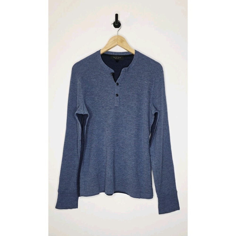 Rag & Bone Gregory Blue Merino Wool Knit Henley Shirt Sweater Men's Size Large